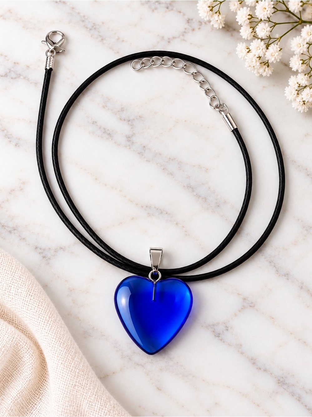 Blue Heart Pendant Necklace with Black Cord - Unbranded